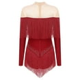 thumbnail image 2 of TiaoBug Womens Shiny Rhinestones Leotard Tassel Fringe Latin Jazz Modern Dance Performance Wear Burgundy L, 2 of 7