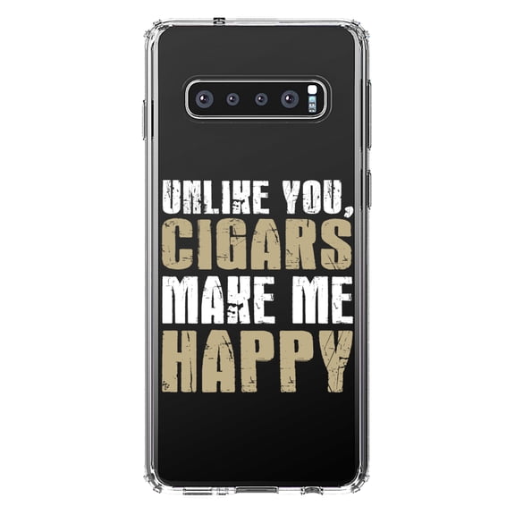 DistinctInk Clear Shockproof Hybrid Case for Samsung Galaxy S10  PLUS (6.4" Screen) - TPU Bumper Acrylic Back Tempered Glass Screen Protector - Unlike You, Cigars Make Me Happy