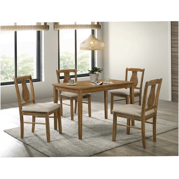 Kayee 5-Piece Weathered Oak Dining Set with Upholstered Chairs and Table