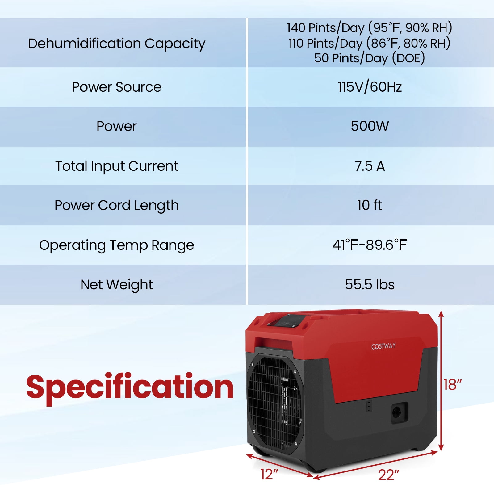 Costway 140 Pints Commercial Dehumidifier with Pump, Drain Hose for Basements, Job Sites Red