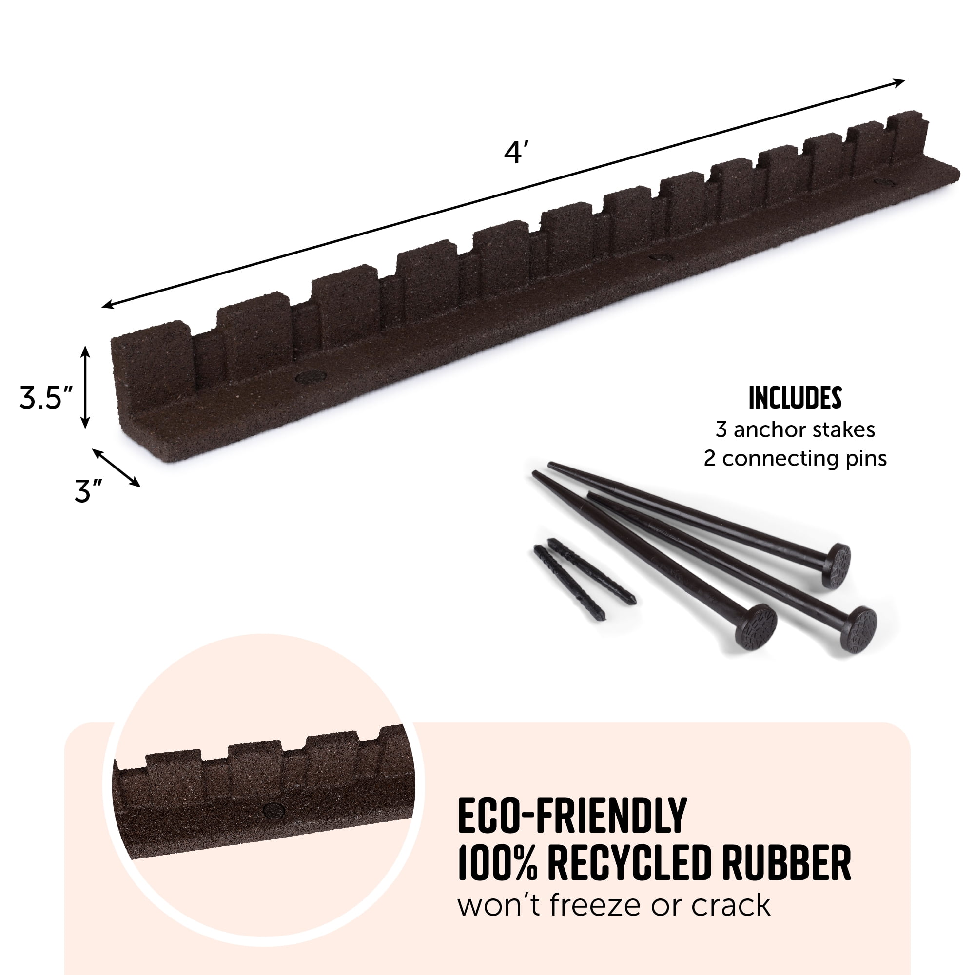 GroundSmart Castle Landscape Edging, 4' Brown Rubber Garden Edging Border, 6 pack