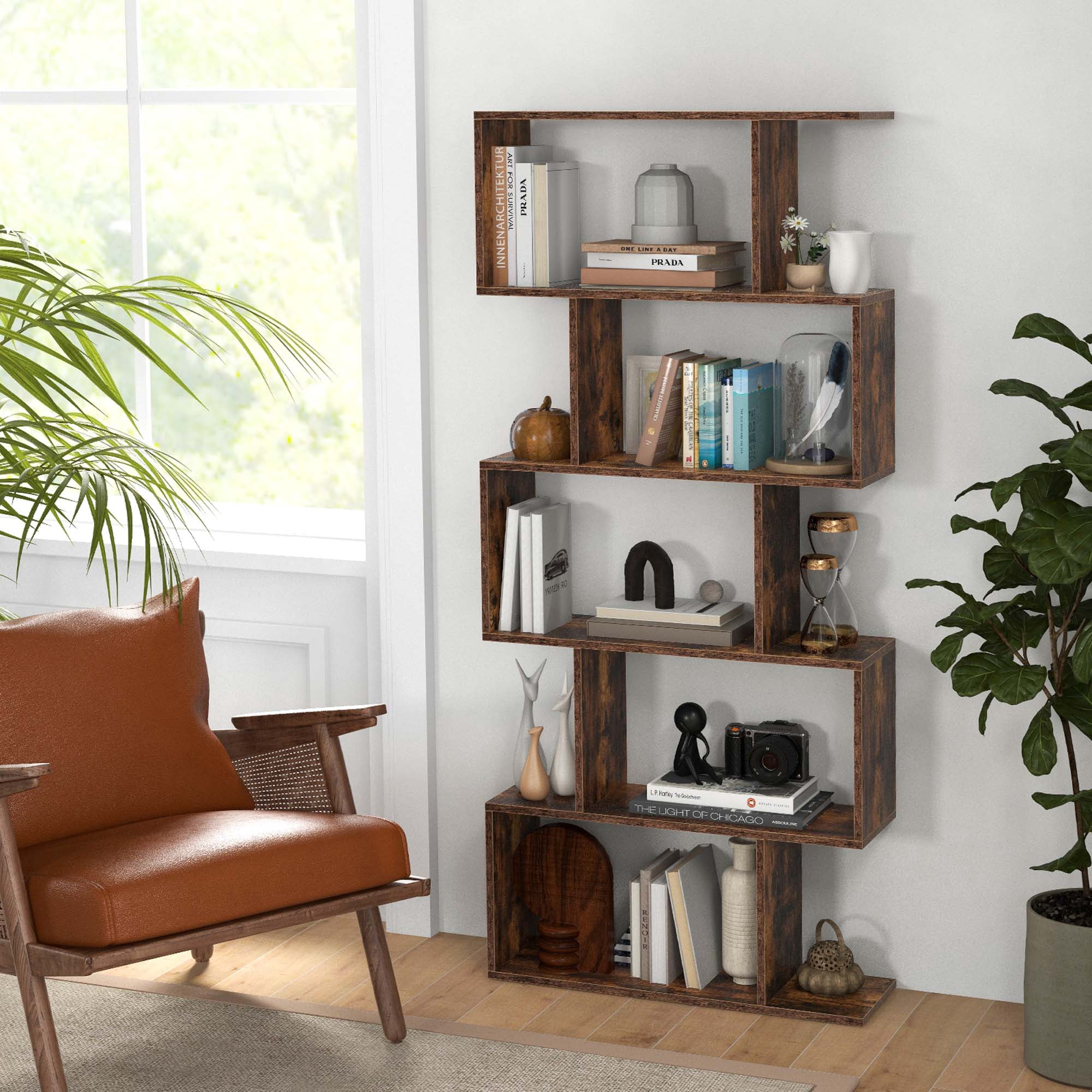 Costway 1 PC 5-Tier Bookshelf Geometric S-Shaped Bookcase Room Divider Storage Display Shelf Brown