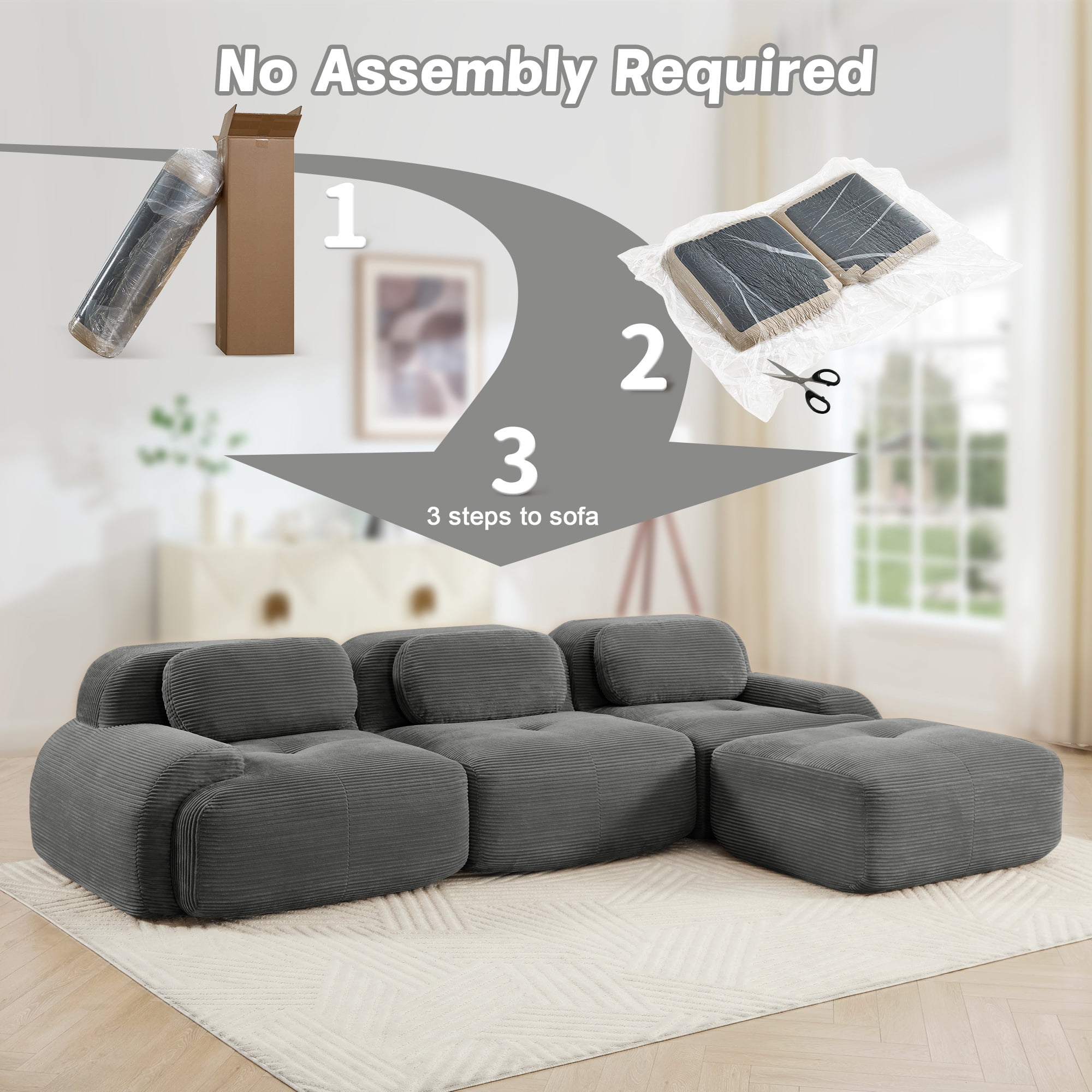Aukfa 117" Modular Sectional Sofa Overstuffed Boneless Couch, 3Pillows, No Assembly, Corduroy, Cray