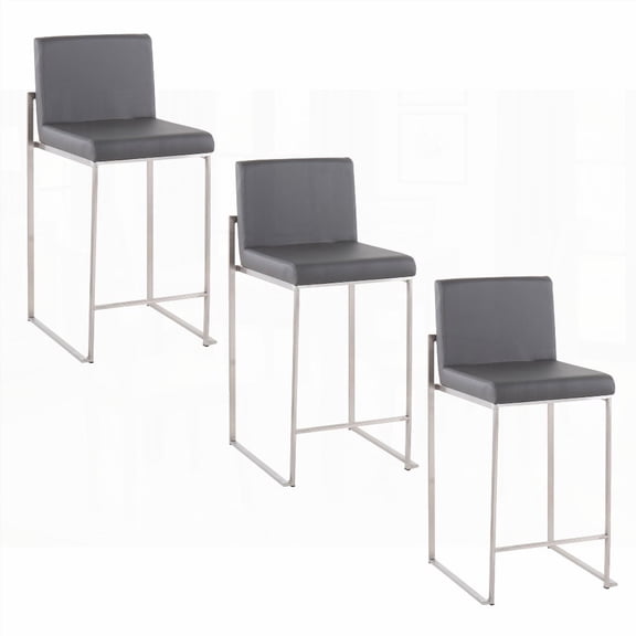 Set of 3 Fuji 26" Contemporary High Back Counter Stools with Stainless Steel & Grey Faux Leather - Perfect for Daily Meals