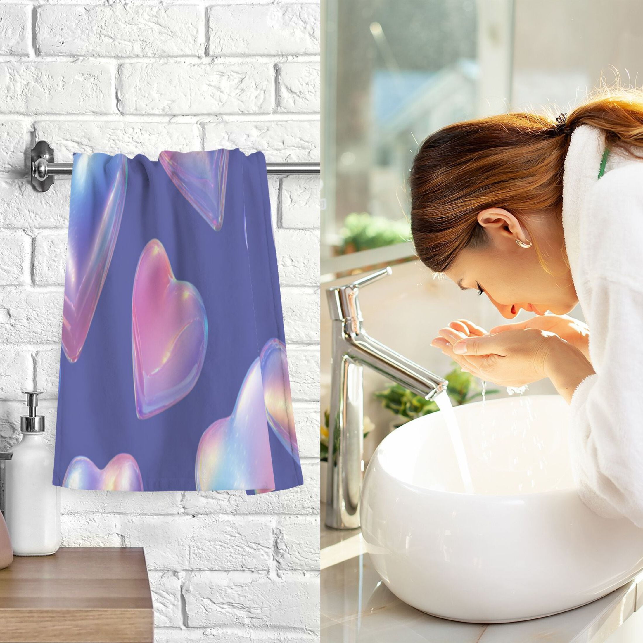 2 Pcs Absorbent Face Towel Bath Hand Towels Soft Breathable Cotton Towel Set for Bathroom Kitchen Hotel Spa Decor Pink-purple Hearts