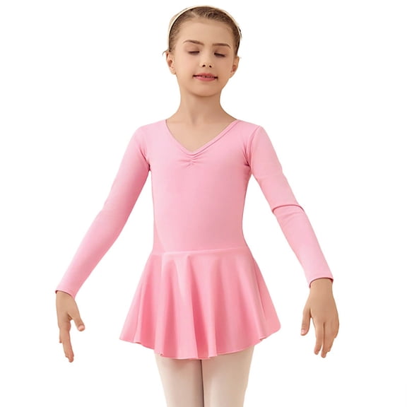 AHTJRT Ballet Leotards for Girls Long Sleeve V Neck Dance Ballerina Outfits Dresses with Skirt Drop Shoulder Classic Gymnastics Bodysuit Pink 9-10 Years
