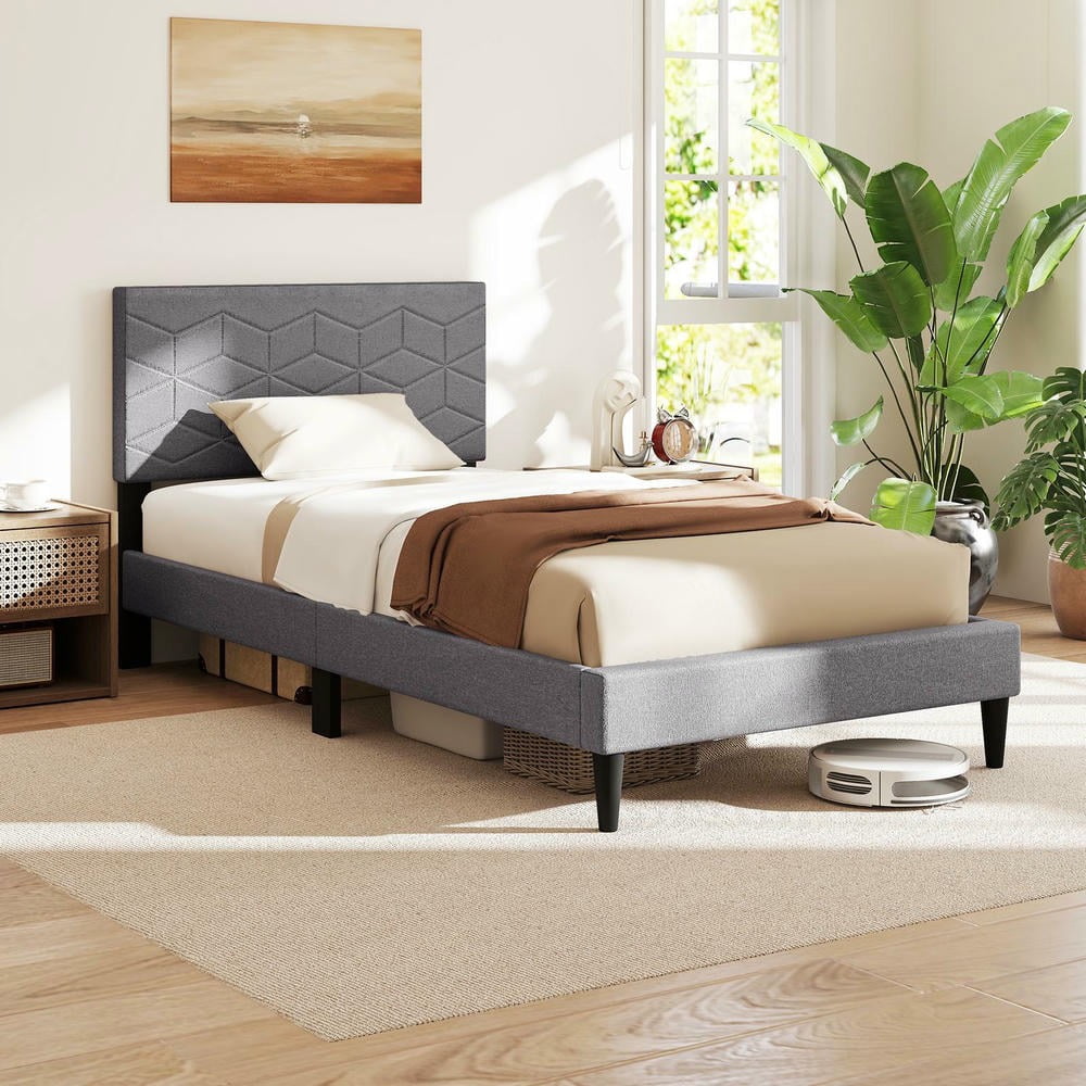 Barara King Twin Size Bedroom Bed Frame with Linen Fabric Upholstered Headboard, Bed Platform Frame for Apartment, Bedroom, Gray