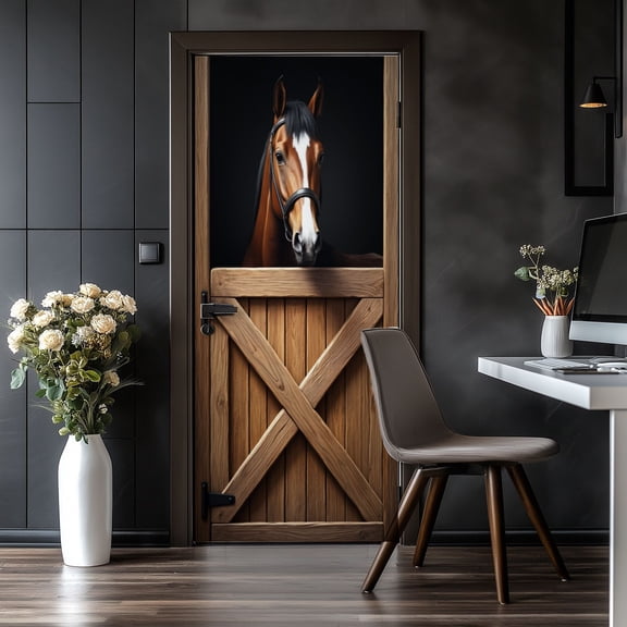 Door Stickers Peel and Stick Door Mural Horse Elegant Farmhouse Entrance Front Brown Removable Wallpaper 30.3''x78.7'' Self-Adhesive Mural for Kitchen Living Room Bedroom Decor