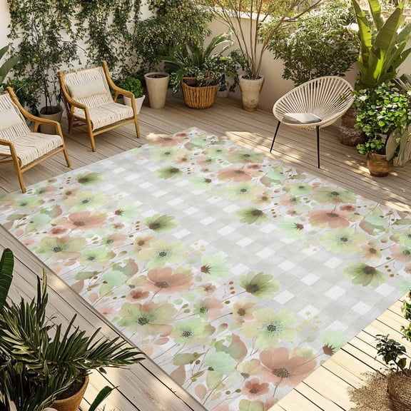 Green Floral Outdoor Rug for Patio/Deck/Porch, Non-Slip Large Area Rug 4 x 6 Ft, Spring Flowers Botanical Gray and White Plaid Indoor Outdoor Rugs Washable Area Rugs, Camping Rug Carpet Runner
