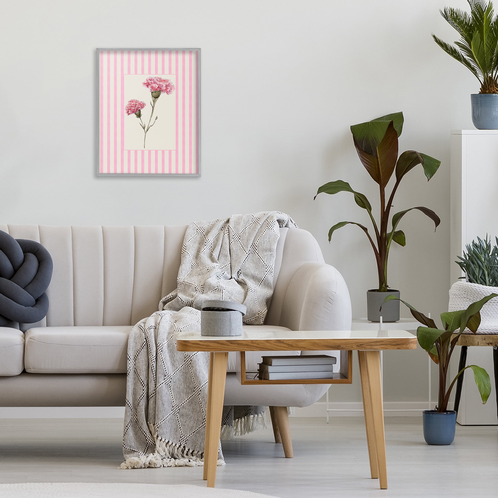 Pink Stripe Carnation Gray Framed Giclee Art, design by Lisa Wehmeyer