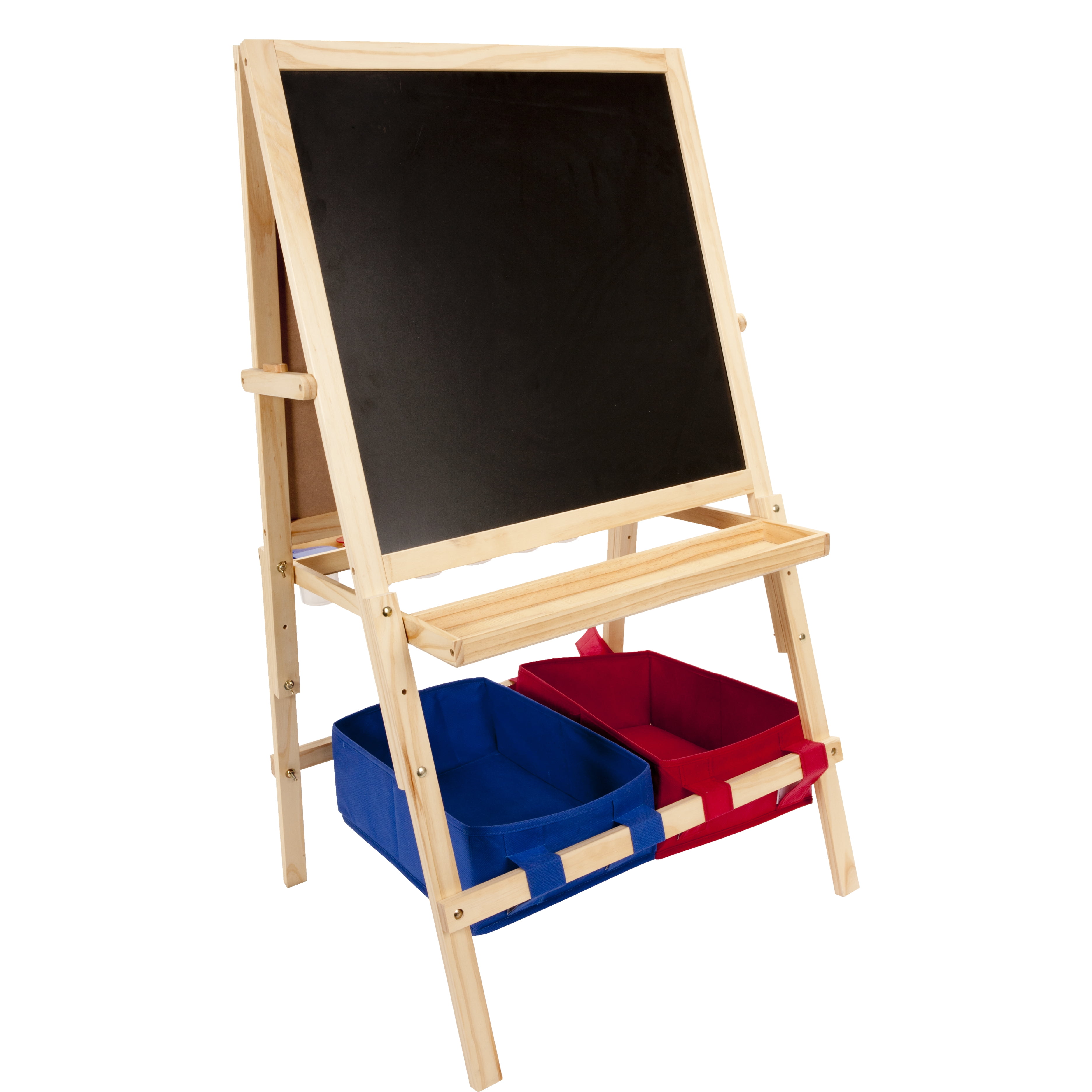 First Impressions Children's Art & Play Easel, Adjustable to Grow with Child - Includes Whiteboard & Chalkboard w/ Accessories & Plastic Storage Bins Included - Natural Light Wood Finish