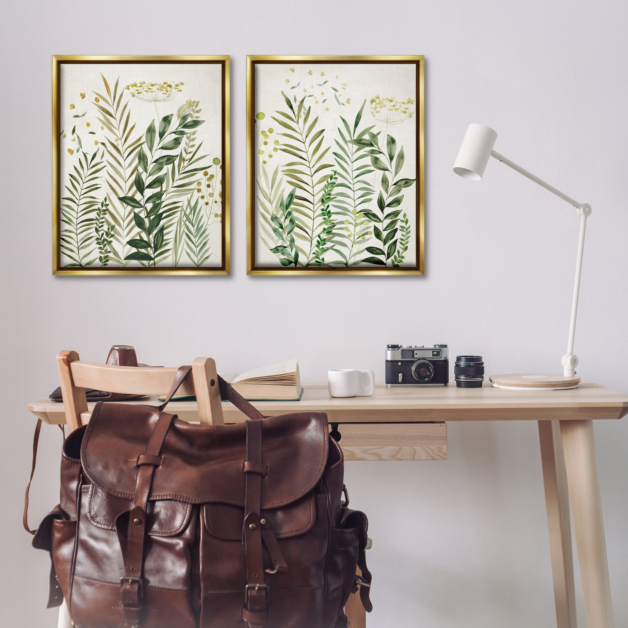 Stupell Industries Varied Leaves & Fronds Plants & Flowers Painting Gold Floater Framed Canvas Art Print Wall Art, 31 x 25, Set of 2
