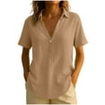 thumbnail image 3 of Avtoify Women's Fashion Casual Linen Solid Color Lapel Short Sleeve Button V-Neck Top, 3 of 7