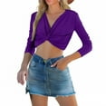 thumbnail image 2 of TODOZO Crop Tops for Women Trendy Summer 3/4 Length Sleeve Womens Tops Womens Summer Tops Backless Pleated Women's Deep V Neck Slimming and Slimming Base Shirt Top Purple M, 2 of 9