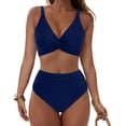 thumbnail image 2 of Wamejoo Women's High Waisted Bikini Sets Matel Tummy Control Swimsuits V Neck Twist Front Bathing Sui (Dark Blue, M), 2 of 9