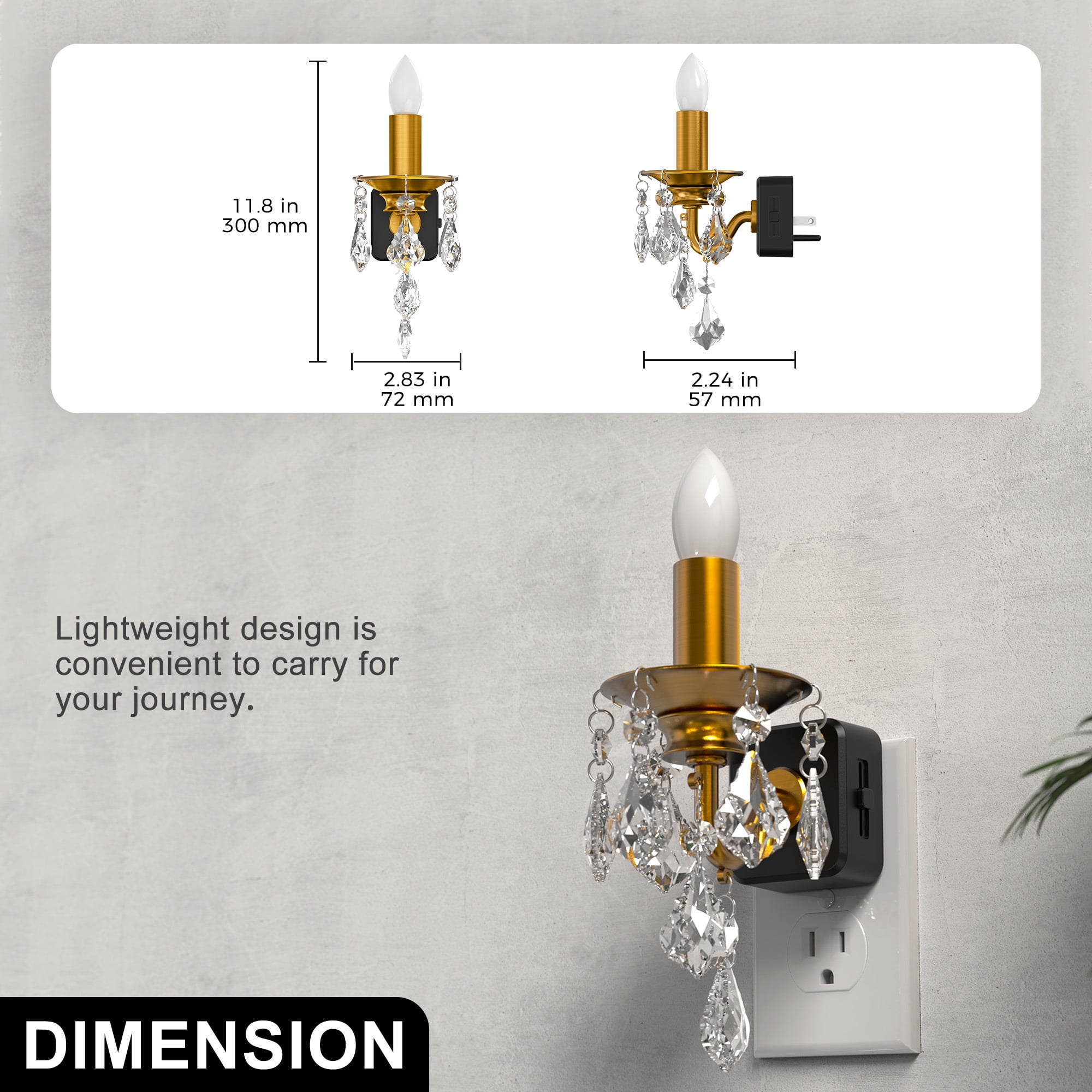 YANSUN Plug-in Warm White 1600K Black & Brass Amber Crystal Pendant Candle Night Light