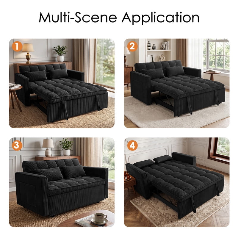 Anpport 54" 3‑in‑1 Convertible Sleeper Sofa Bed, Corduroy Pull‑Out Couch with Adjustable Backrest, Side Pockets & 2 Pillows for Small Spaces, Black