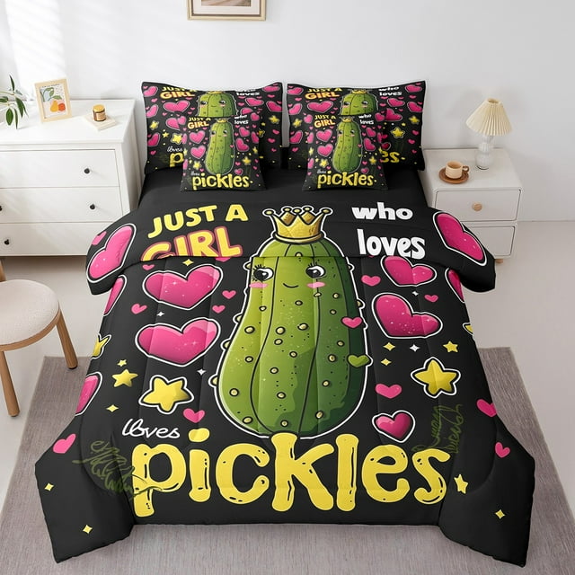 Pickle Bed in a Bag King Size 7 Piece,Cartoon Vegetable Printed Bedding Sets Cute Cucumber Pattern Comforter Set with Sheets for Pickle Lovers Bed Set Cute Pickle Print Sheets