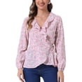 thumbnail image 1 of Blusa de mujer con volantes y escote en V, floral, con lazo autoadherente, estilo peplum, color rosa y rojo, 1 of 6
