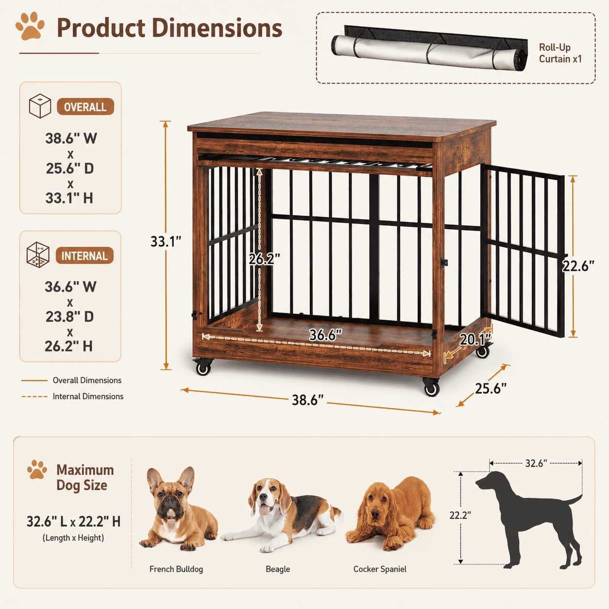 Aukfa 38.6-Inch Large Dog Crate Furniture, Indoor Dog Kennel Decorative Pet Cage End Table, Lift-Up Door, Curtain & Wheels,Brown