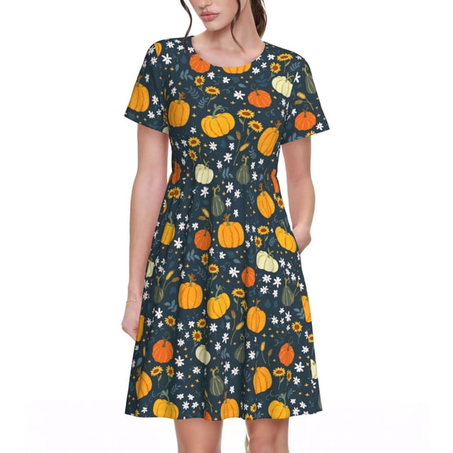 Vsdgher Citrouille pour Femmes Été 2025 Robes Midi Décontractées Légères Manches Courtes Col Rond Robe de Plage