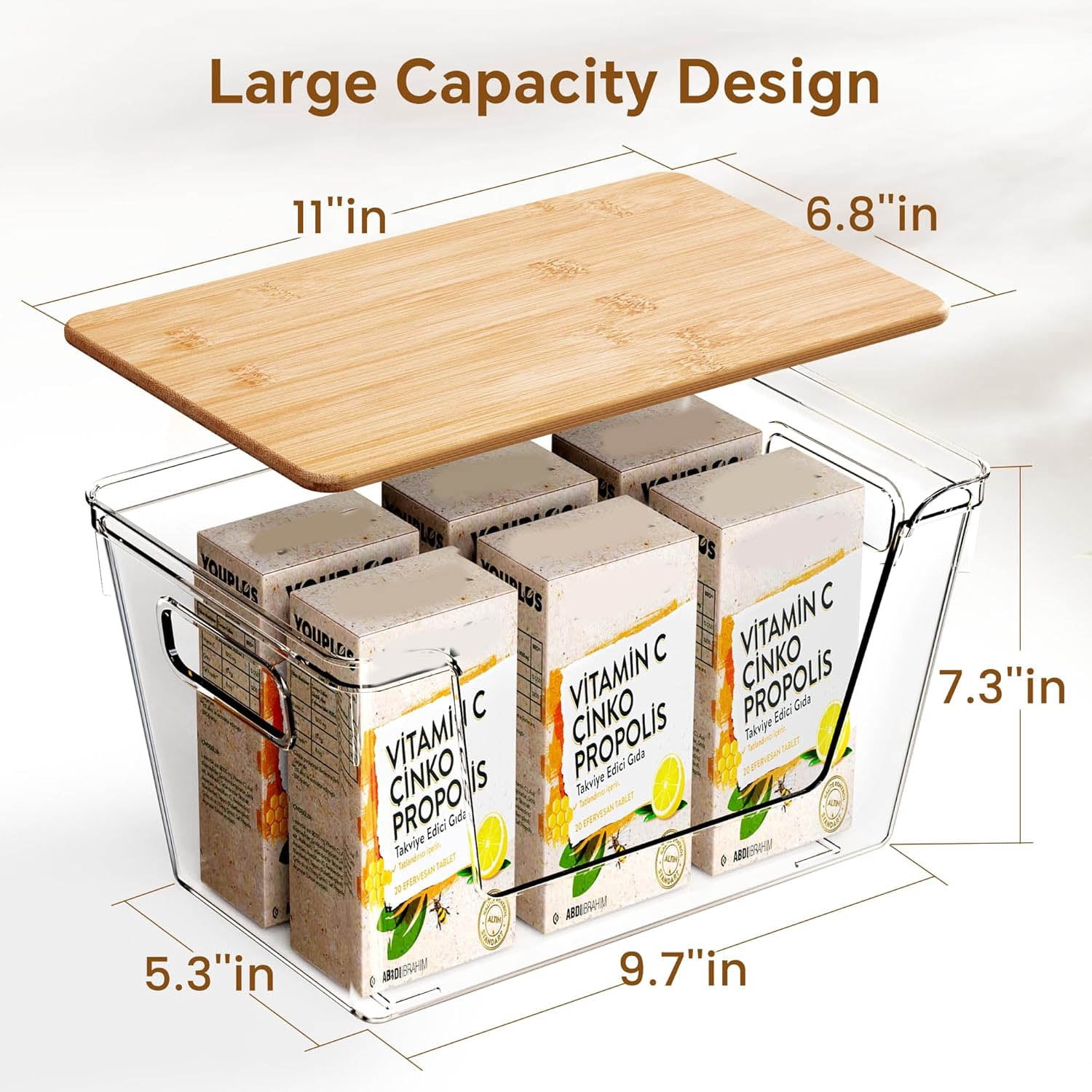 Pantry Organizers and Storage with Bamboo Lids, Stackable Clear Bins for Onion, Potato, Fruit, Vegetables, Trash Bag Dispenser, Kitchen and Under Sink Organizer
