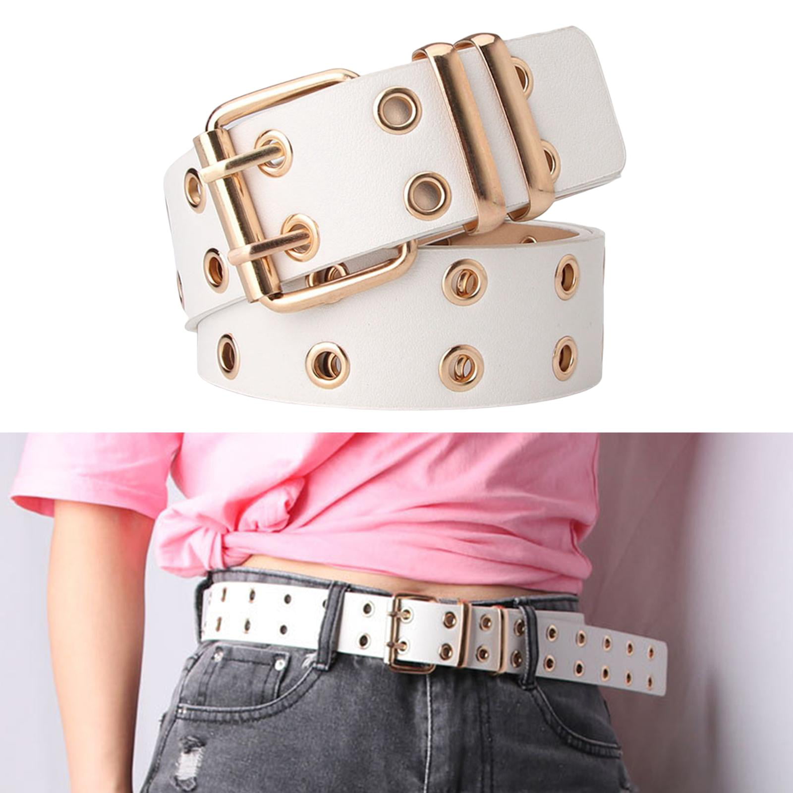 Double Grommet Punk Jeans. Leather with Pants PU Belt, , Adjustable for Accessories, Vintage Fashion Eyelet Hollow Gothic White