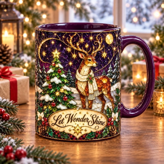 Ceramic Mug Christmas Reindeer Stained Glass Style Coffee Cup for Winter Gift Giving