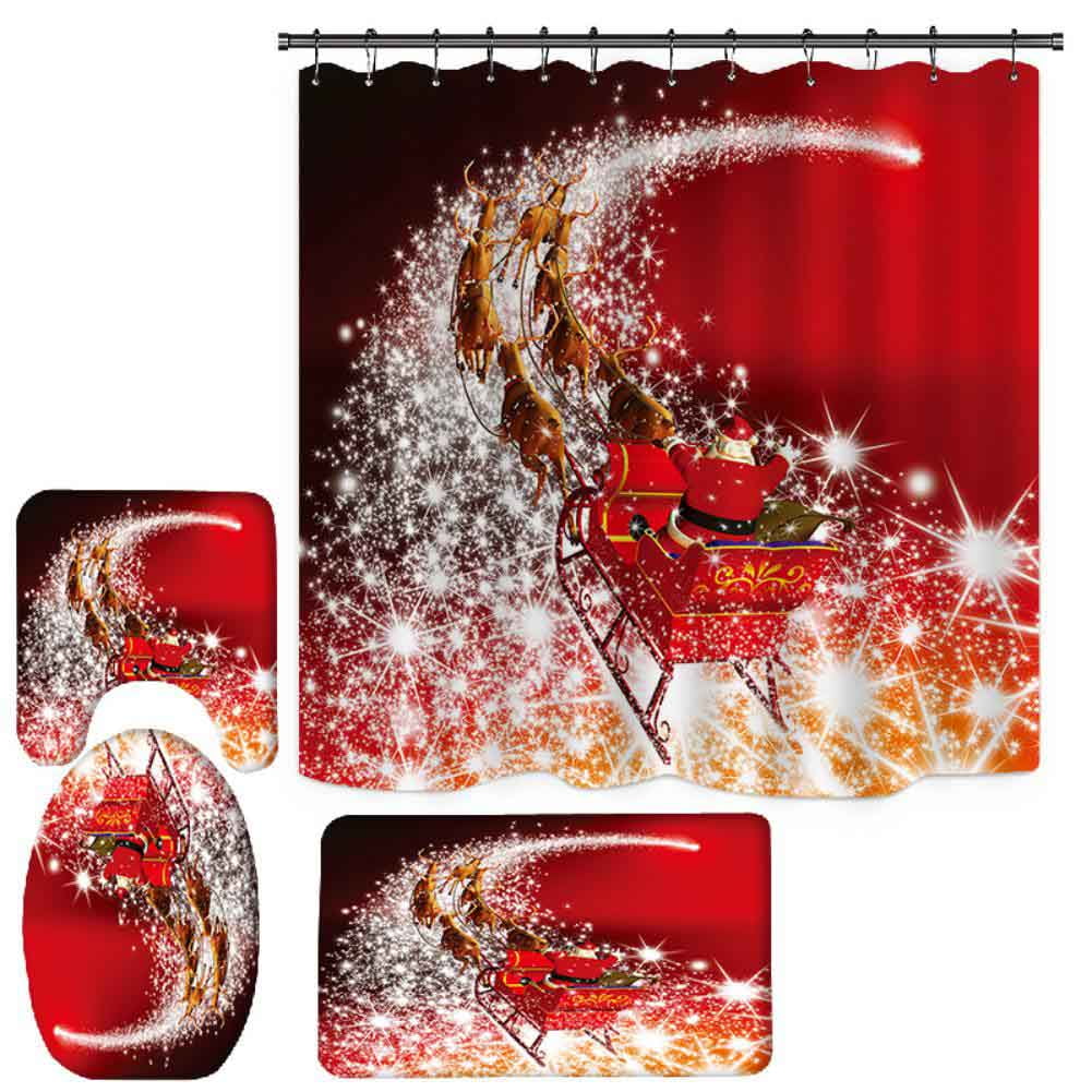 4 Pcs Christmas Shower Curtain Sets with NonSlip Rugs, Toilet Lid