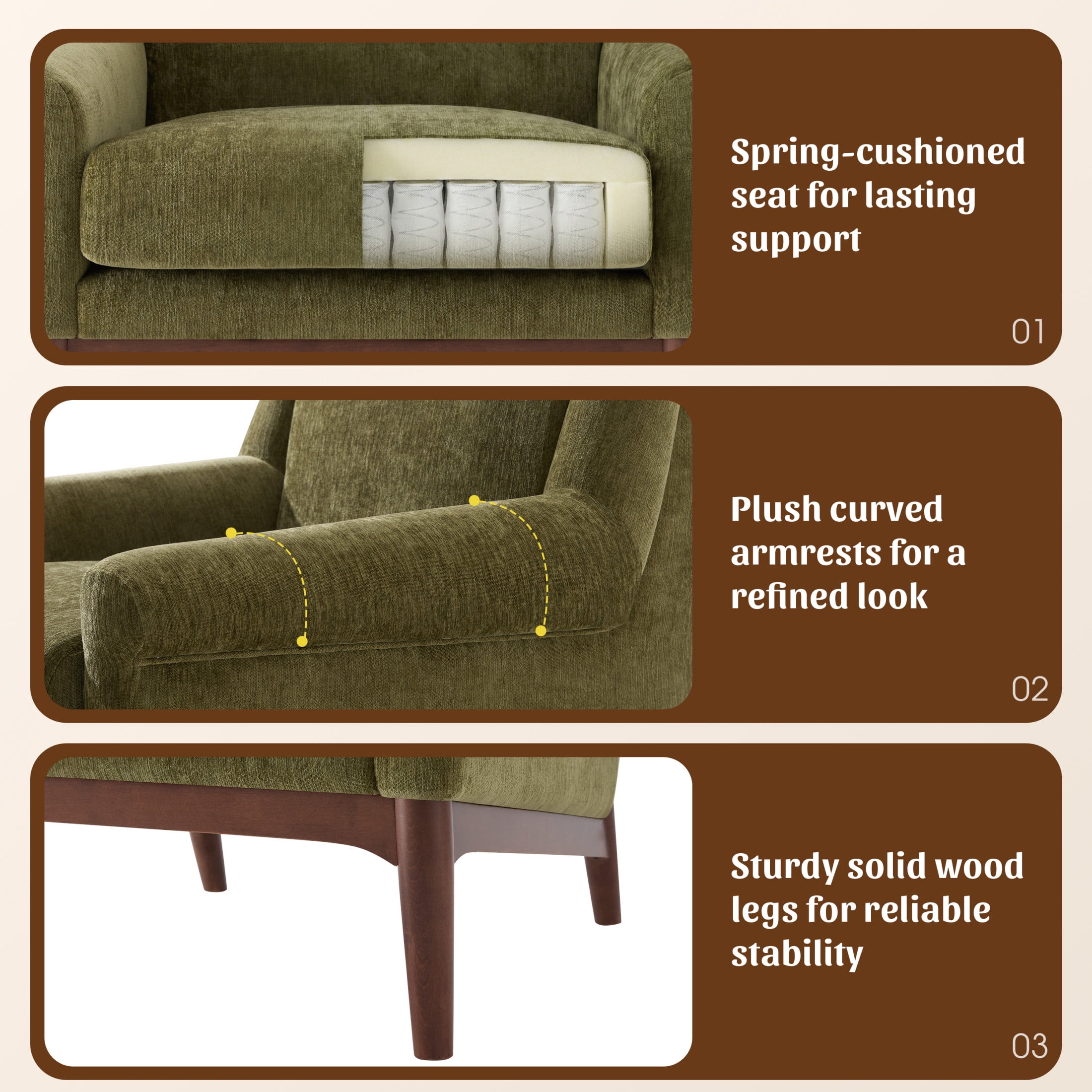 Noble House Nesta Mid-Century Modern Accent Chair with Flared Arms, Ergonomic Reading Chair for Living Room, Green