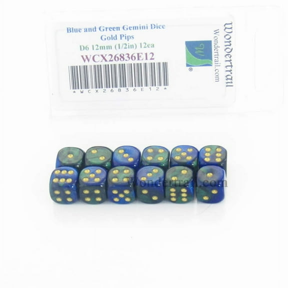 Blue and Green Gemini Dice with Gold Pips D6 12mm (1/2in) Pack of 12 Wondertrail