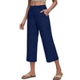 thumbnail image 3 of Kinrui Cotton Linen Capri Pants for Women Wide Leg Capris Pant Summer Boho Dressy Casual Elastic Waist Beach Trousers with Pockets Navy S, 3 of 7