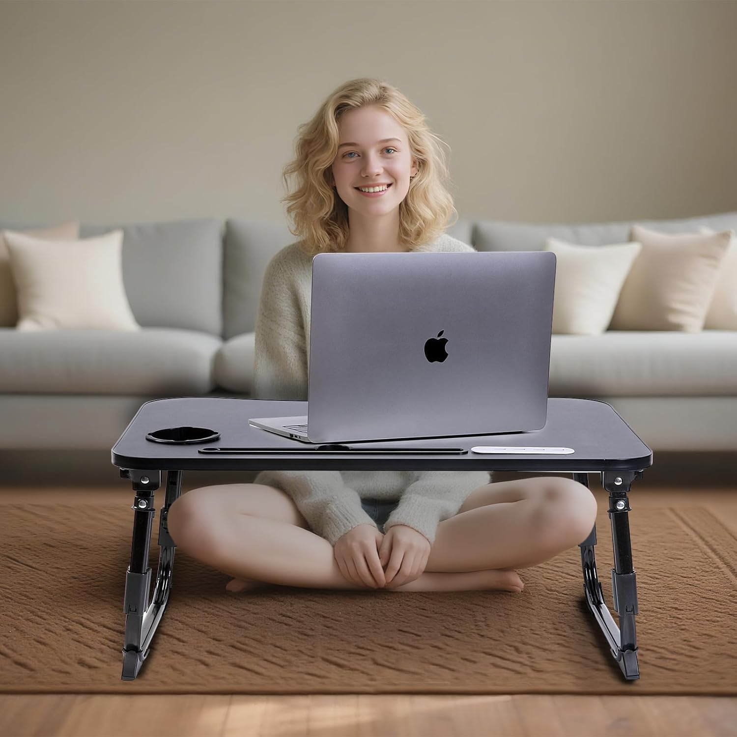 Laptop Desk for Bed, Height Adjustable Laptop Bed Table, Foldable Portable Lap Desk Stand with USB/Storage Drawer/Cup Holder/Slot, Breakfast Tray for Working Reading Writing Eating, White