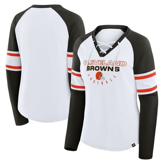Women's Fanatics White/Brown Cleveland Browns Redzone Blitz Package Raglan Lace-Up V-Neck Long Sleeve T-Shirt