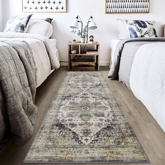 FairOnly Grey 2'x6' Distressed Low Pile Washable Floral Printed Non Slip Indoor Runner Rug for Hallway Bedroom Entrance