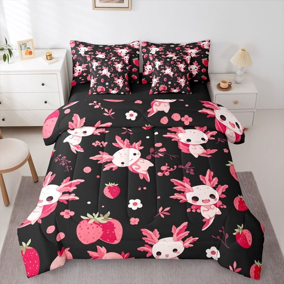 Castle Fairy Kawaii Axolotl Twin Bedding Sets,Pink Animal Salamander Bedding Comforter Set