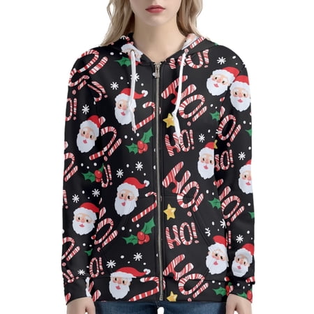 Renewold Breathable Full Zip Hoodie Women Christmas Long Sleeve Jumpers Cricket Workout Gear Ho-Ho-Ho Candy Canes Sweatshirt Fashion Jackets Coat Size 5XL