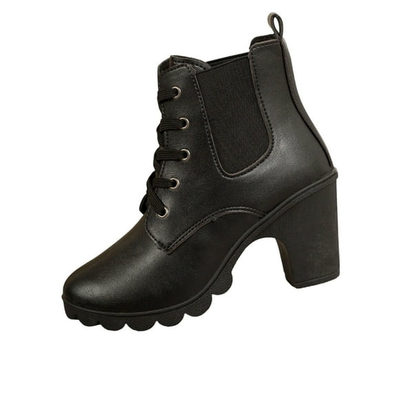 Black Women Stylish Cool Thick Heel Lace-Up Ankle Boots Round Toe Autumn Winter Comfortable Height-Enhancing British Inspired Design