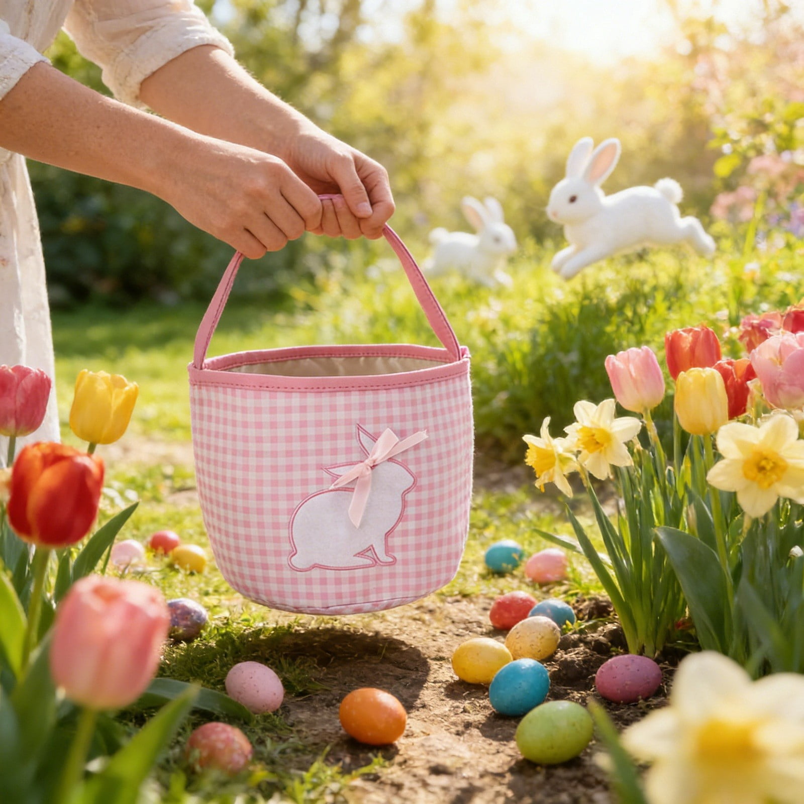 Gytml Easter Bunny Basket Egg Bags,Canvas Cute Cotton Personalized Candy Egg Basket Rabbit Print With Handle Buckets Gifts Bags For Easter B-23cm