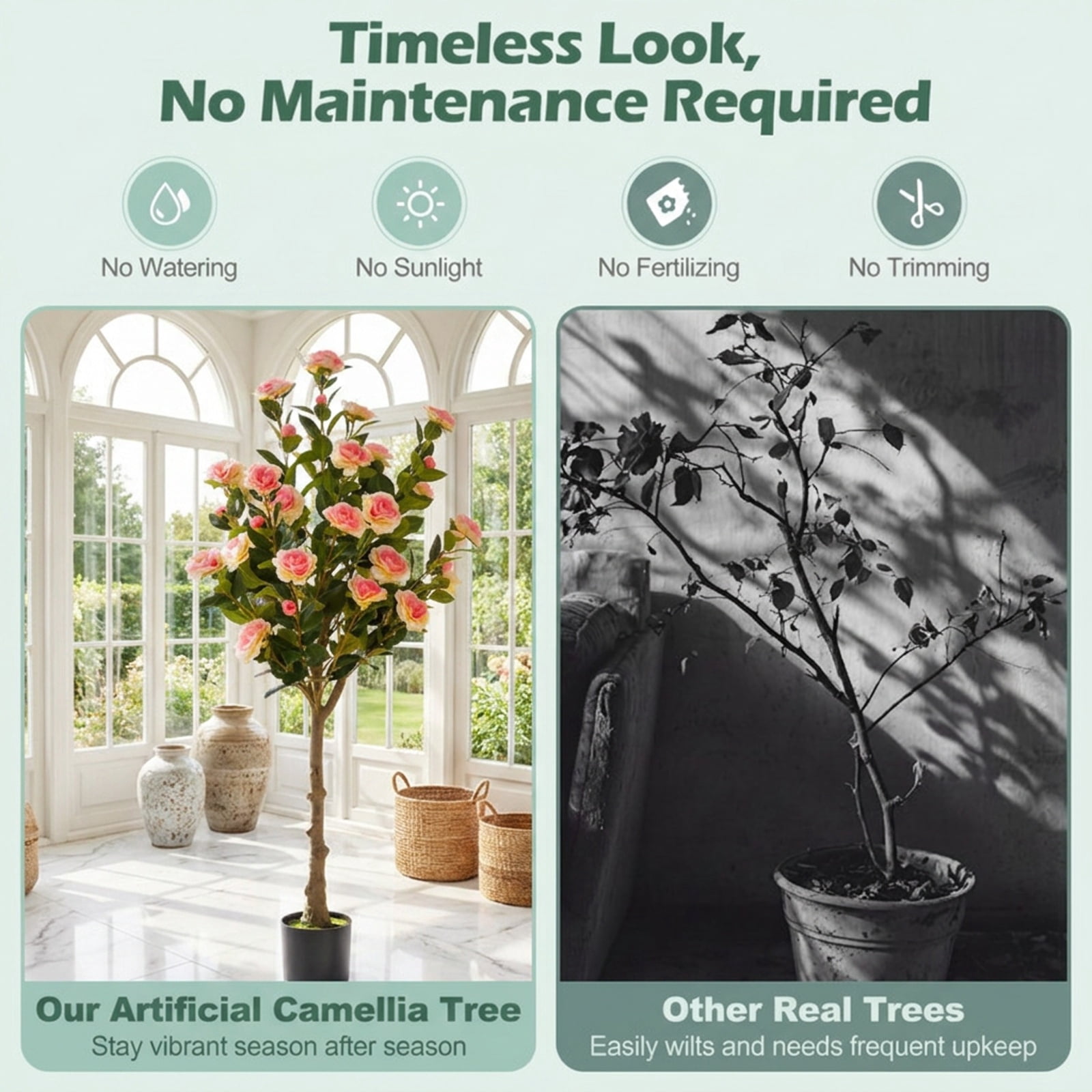 Vebreda Artificial Plant Decor, Artificial Camellia Tree with 27 Blossoms in Cement Pot for Home, Realistic Floral Details, Built to Last