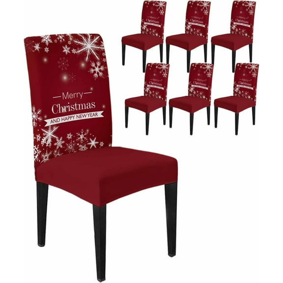 Chair Covers for Dining Room Set of 8,Merry Christmas Happy New Year Stretch Seat Protector Removable Washable Chairs Slipcovers for Kitchen Banquet Wedding Hotel,Snowflakes on Red