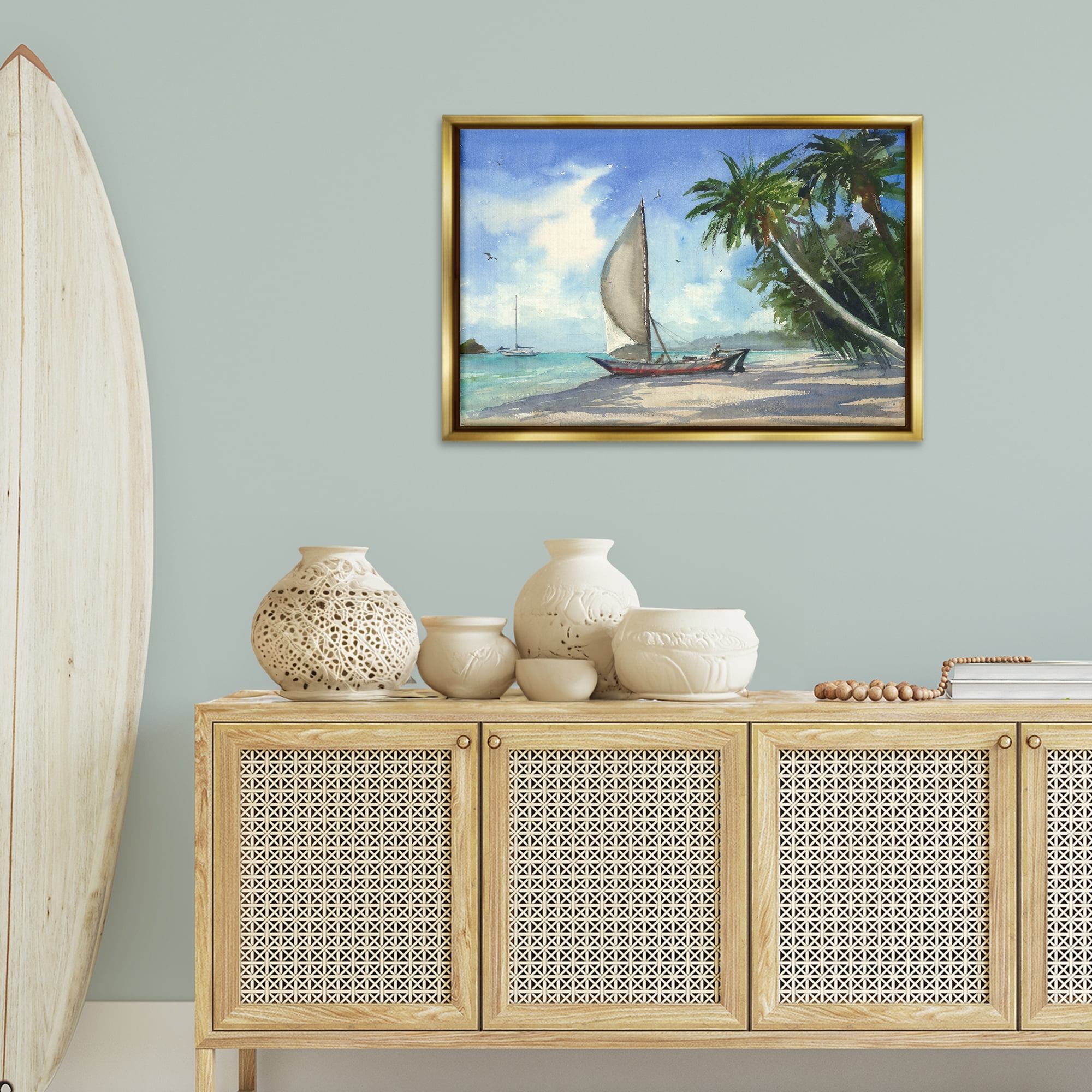 Stupell Industries High & Dry Boat on Shore Nautical & Beach Painting Gold Floater Framed Canvas Art Print Wall Art, 31 x 21