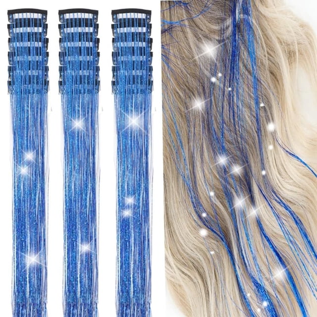 HLONK 18 Pcs Guirlande de Cheveux à Clipser Extensions de Cheveux 19.6 Pouces Kit de Guirlande de Cheveux à Clipser Résistant à la Chaleur Scintillant Féerique Accessoires pour Cheveux pour Enfants Filles Femmes (Argent)