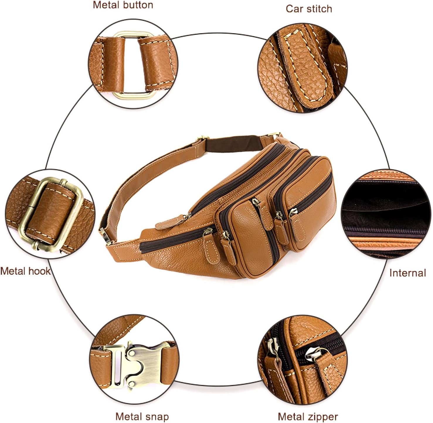 MARRANT Genuine Leather Fanny Pack for Men, Large Capacity Crossbody Waist Bag with Multiple Zipper Pockets, Brown