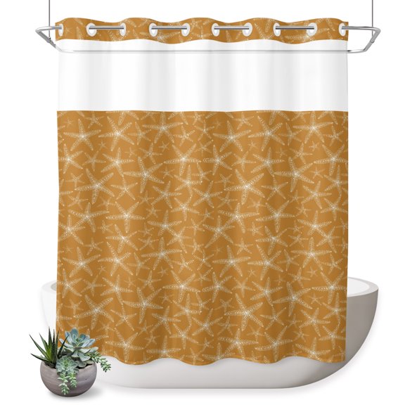 No Hook Shower Curtain, Yellow Beige Starfish Coastal Shower Curtains for Bathroom with See Through Top Window, Nautical Summer Ocean Sea Waterproof & Washable Bath Curtain Standard 72"x72"