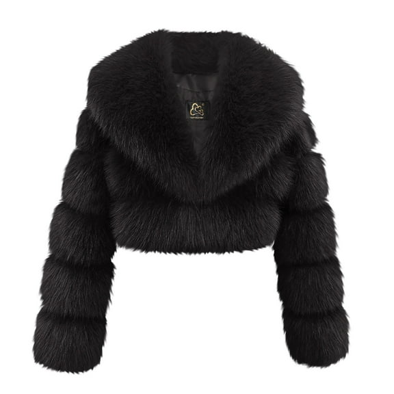 Hueook Faux Fur Jacket Women's Synthetic Short Style Big Collar Long Sleeved Jacket Zipper Jacket Black M