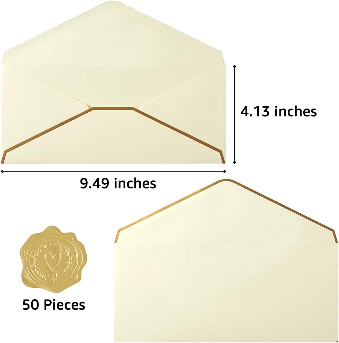 50 Pack #10 Business Envelopes with Gold Border, Self Seal Standard Envelopes with Gold Stickers for Office, Checks, Letter Mailing, Invoices, 4 1/8 x 9 1/2 Inches (Cream Color)