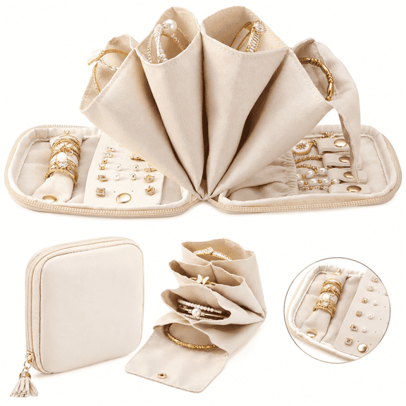 Mini Jewelry Travel Case, Travel Jewelry Organizer Pouch, Portable Travel Jewelry Box with Compartments for Necklaces Earrings Bracelets, Cloud White