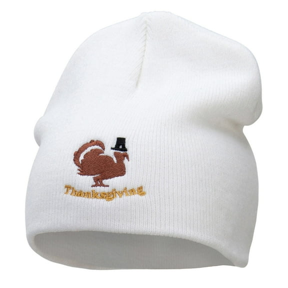 Turkey Pilgrim Embroidered Knitted Long Beanie - White OSFM