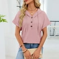thumbnail image 5 of yillto Women's Short Sleeve Tops with Hoodies Drawstring Button V Neck Casual Blouses Shirts Spring Summer Outfits, 5 of 7